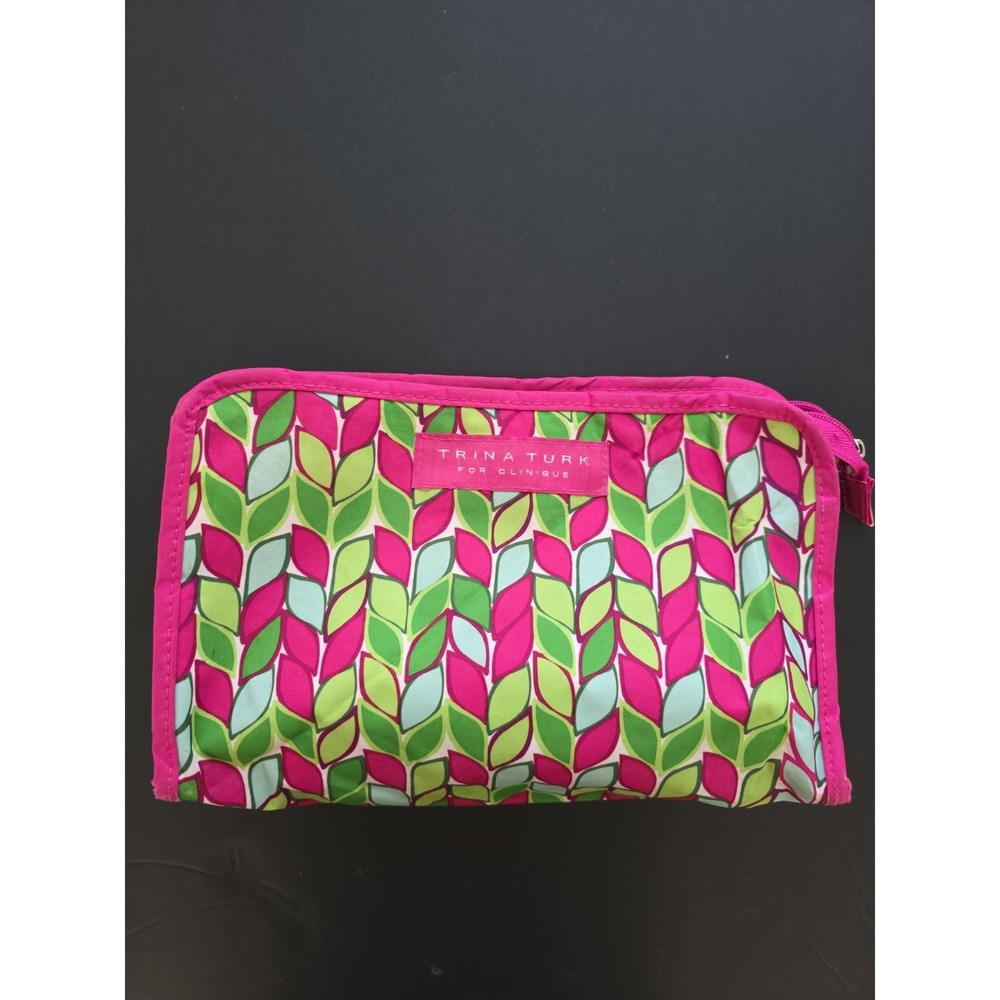 Y2K  Trina Turk for Clinique makeup cosmetic bag Pink Blue Green Leaf Design Zip